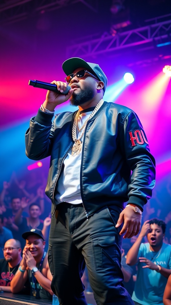 Juicy J performing live on stage with a microphone, energetic crowd in the background.